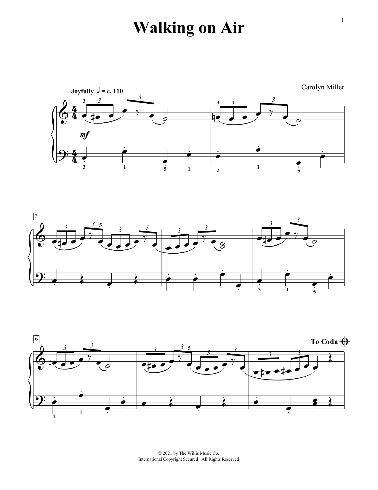 Carolyn Miller Walking On Air sheet music notes and chords arranged for Educational Piano