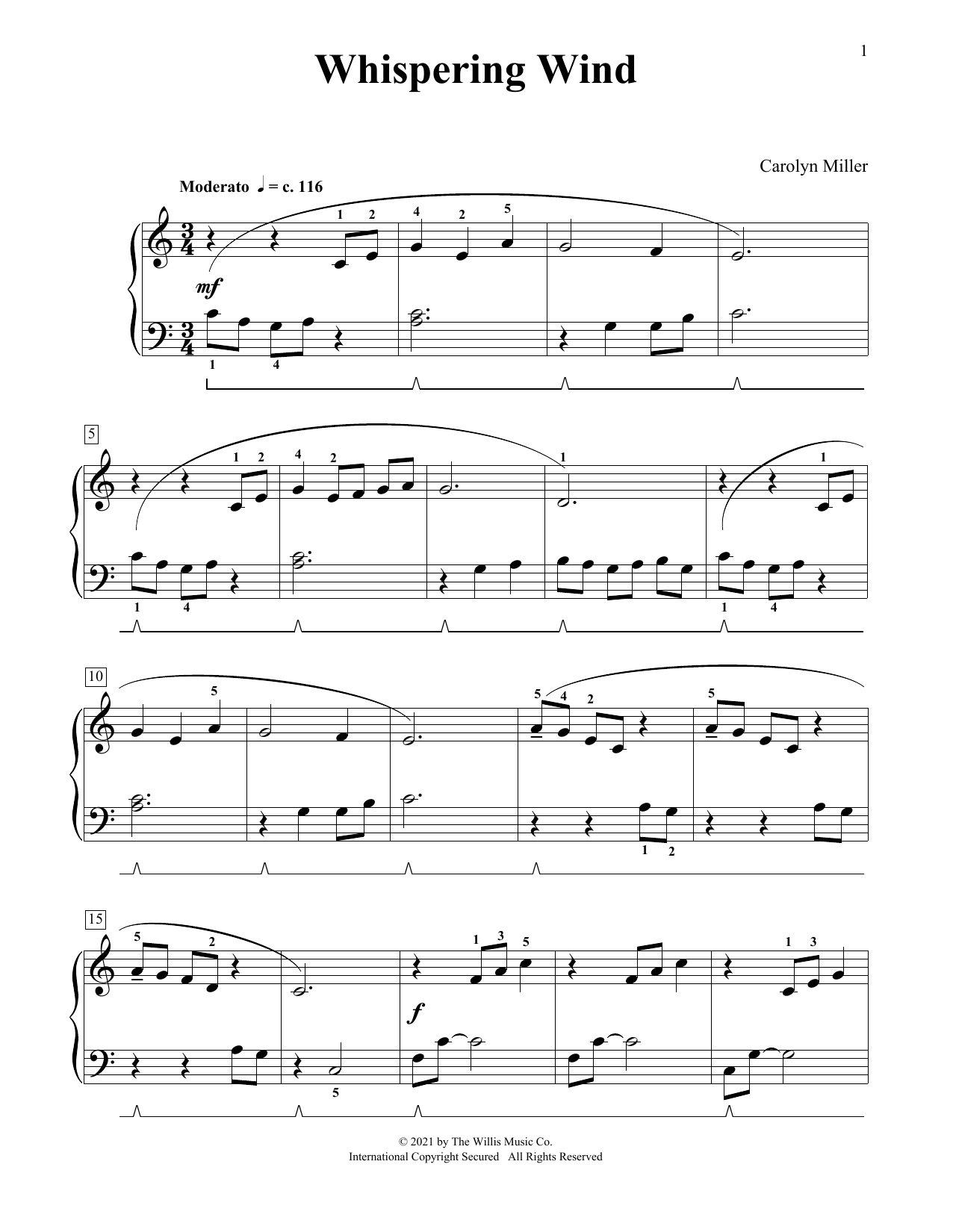 Carolyn Miller Whispering Wind sheet music notes and chords arranged for Educational Piano