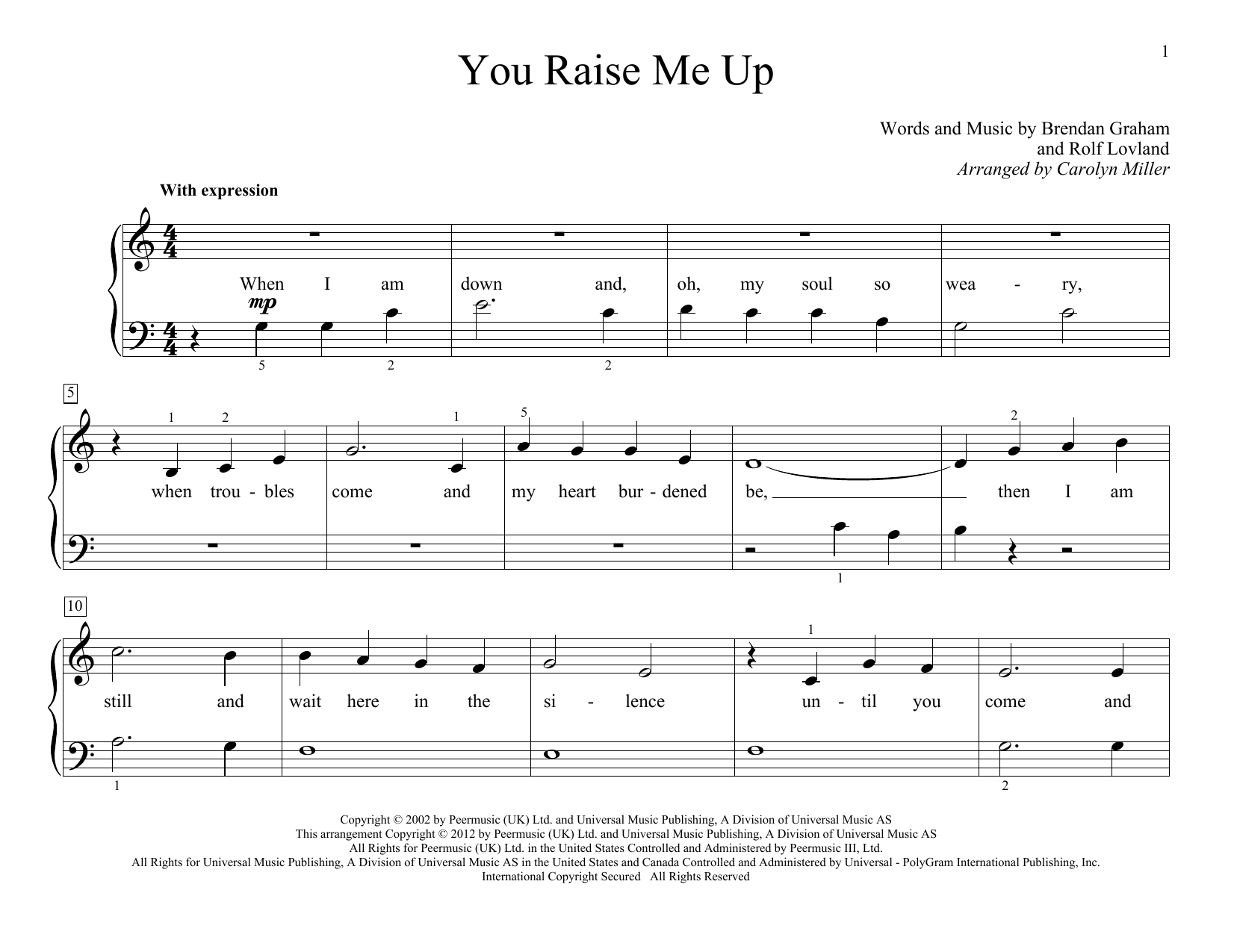 Carolyn Miller You Raise Me Up sheet music notes and chords arranged for Educational Piano