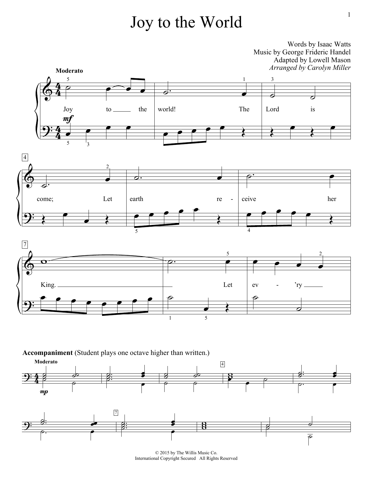 Carolyn Miller Joy To The World sheet music notes and chords arranged for Educational Piano