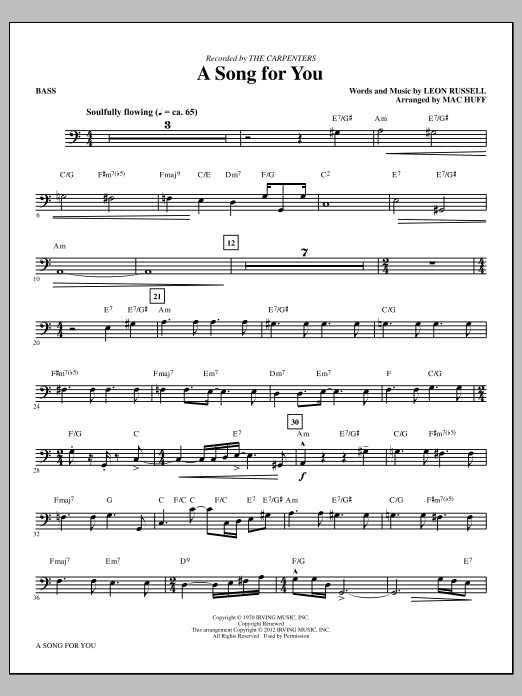 Carpenters A Song For You (arr. Mac Huff) - Bass sheet music notes and chords arranged for Choir Instrumental Pak
