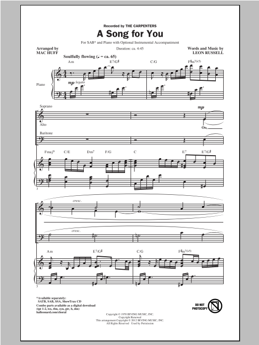 Carpenters A Song For You (arr. Mac Huff) sheet music notes and chords arranged for SAB Choir