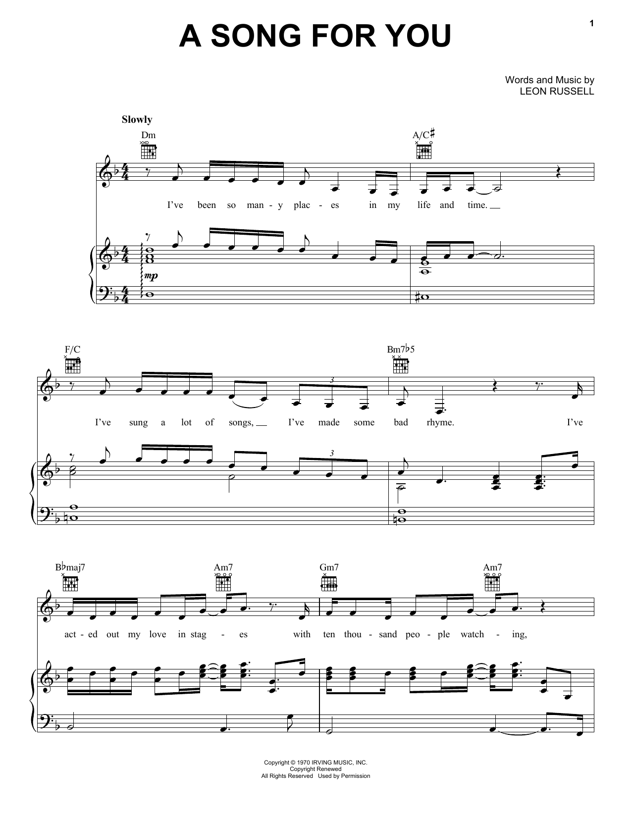 Carpenters A Song For You sheet music notes and chords arranged for Piano, Vocal & Guitar Chords (Right-Hand Melody)