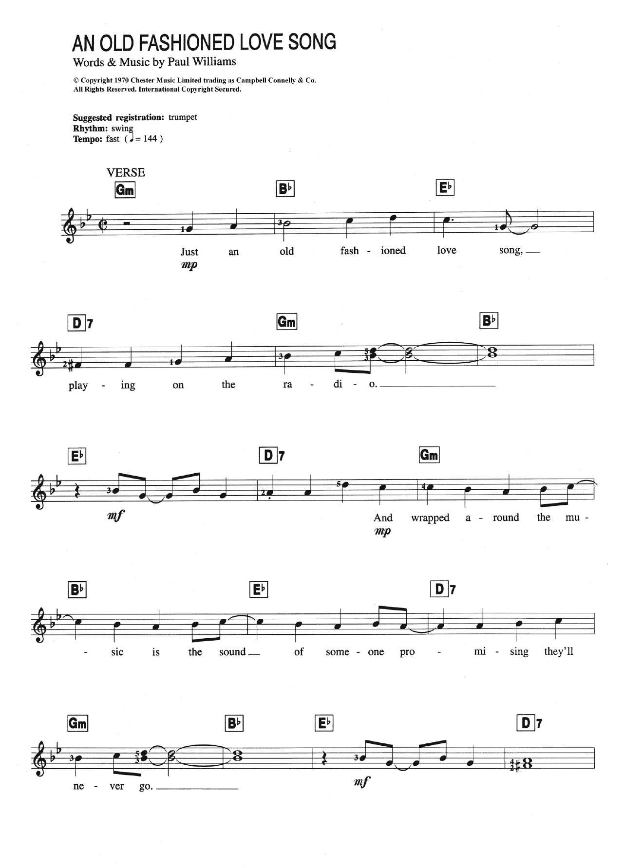 Carpenters An Old Fashioned Love Song sheet music notes and chords arranged for Piano Chords/Lyrics