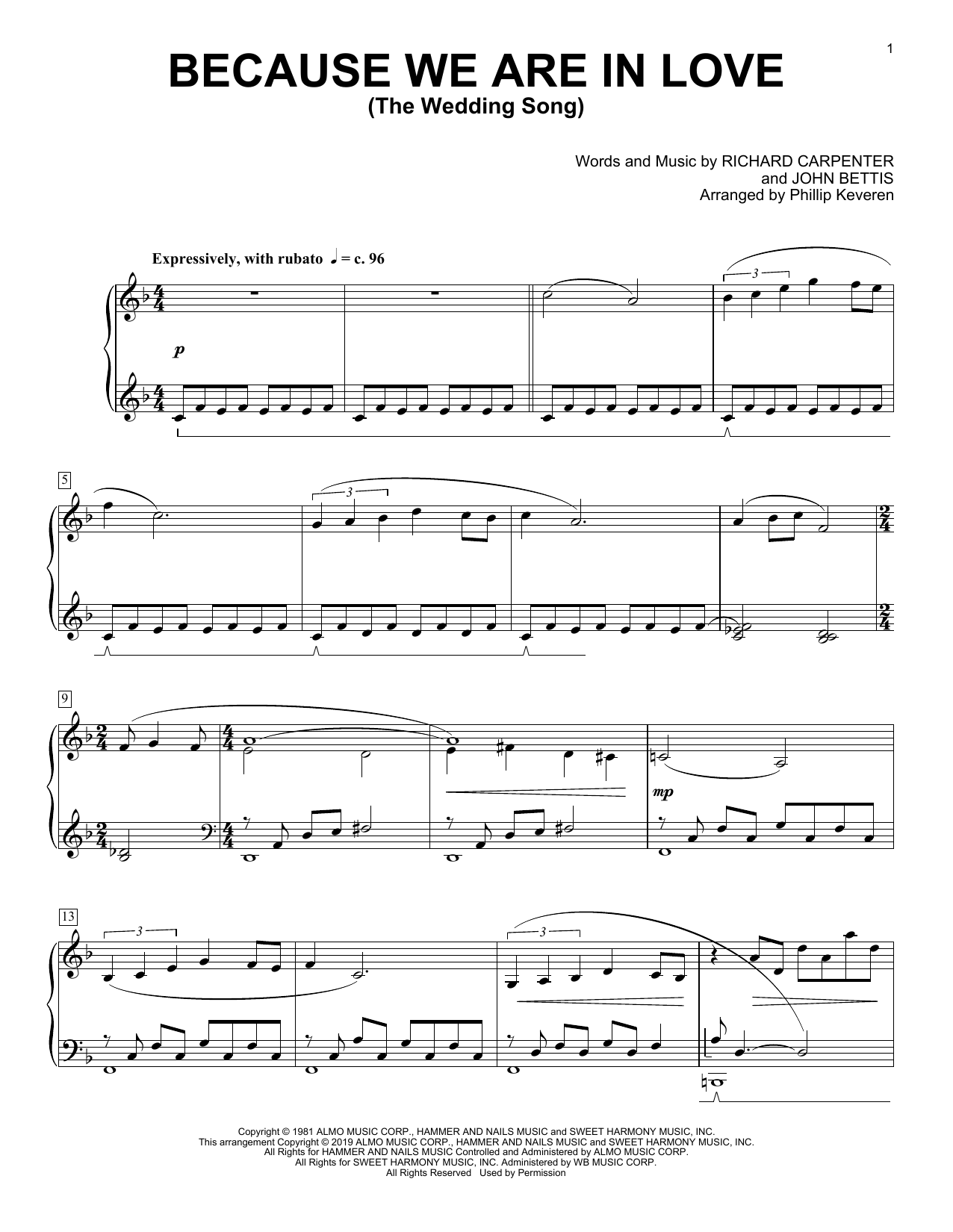 Carpenters Because We Are In Love (The Wedding Song) (arr. Phillip Keveren) sheet music notes and chords arranged for Piano Solo