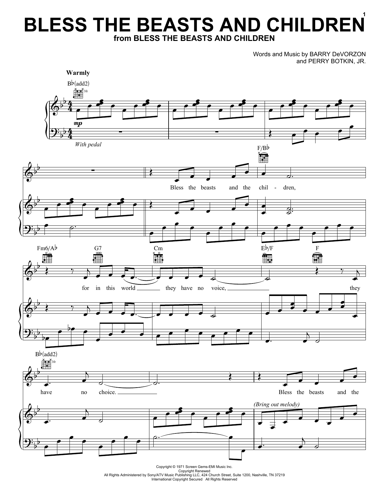 Carpenters Bless The Beasts And Children sheet music notes and chords arranged for Piano & Vocal