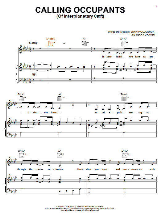 Carpenters Calling Occupants (Of Interplanetary Craft) sheet music notes and chords arranged for Piano, Vocal & Guitar Chords (Right-Hand Melody)