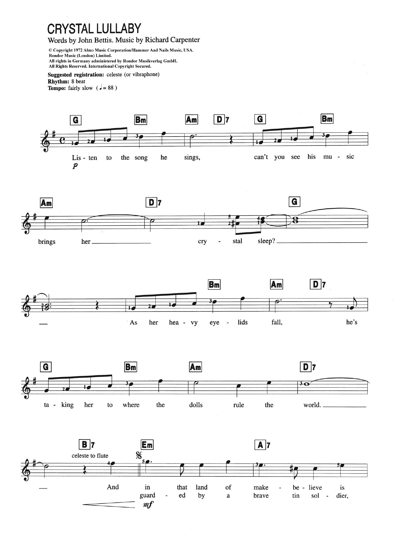Carpenters Crystal Lullaby sheet music notes and chords arranged for Piano, Vocal & Guitar Chords