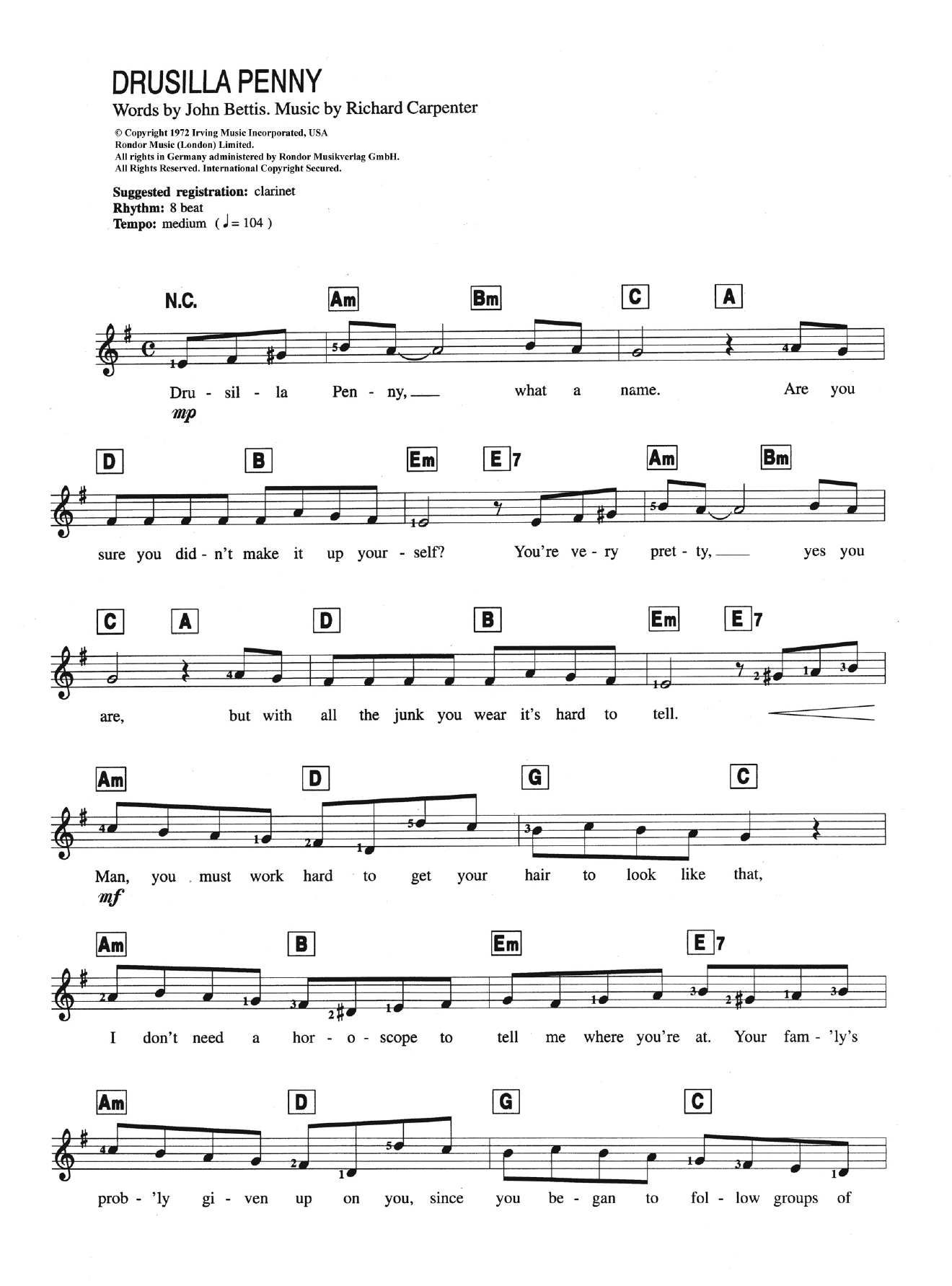 Carpenters Drusilla Penny sheet music notes and chords arranged for Piano Chords/Lyrics