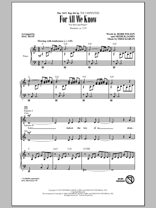 Carpenters For All We Know (arr. Mac Huff) sheet music notes and chords arranged for SSA Choir