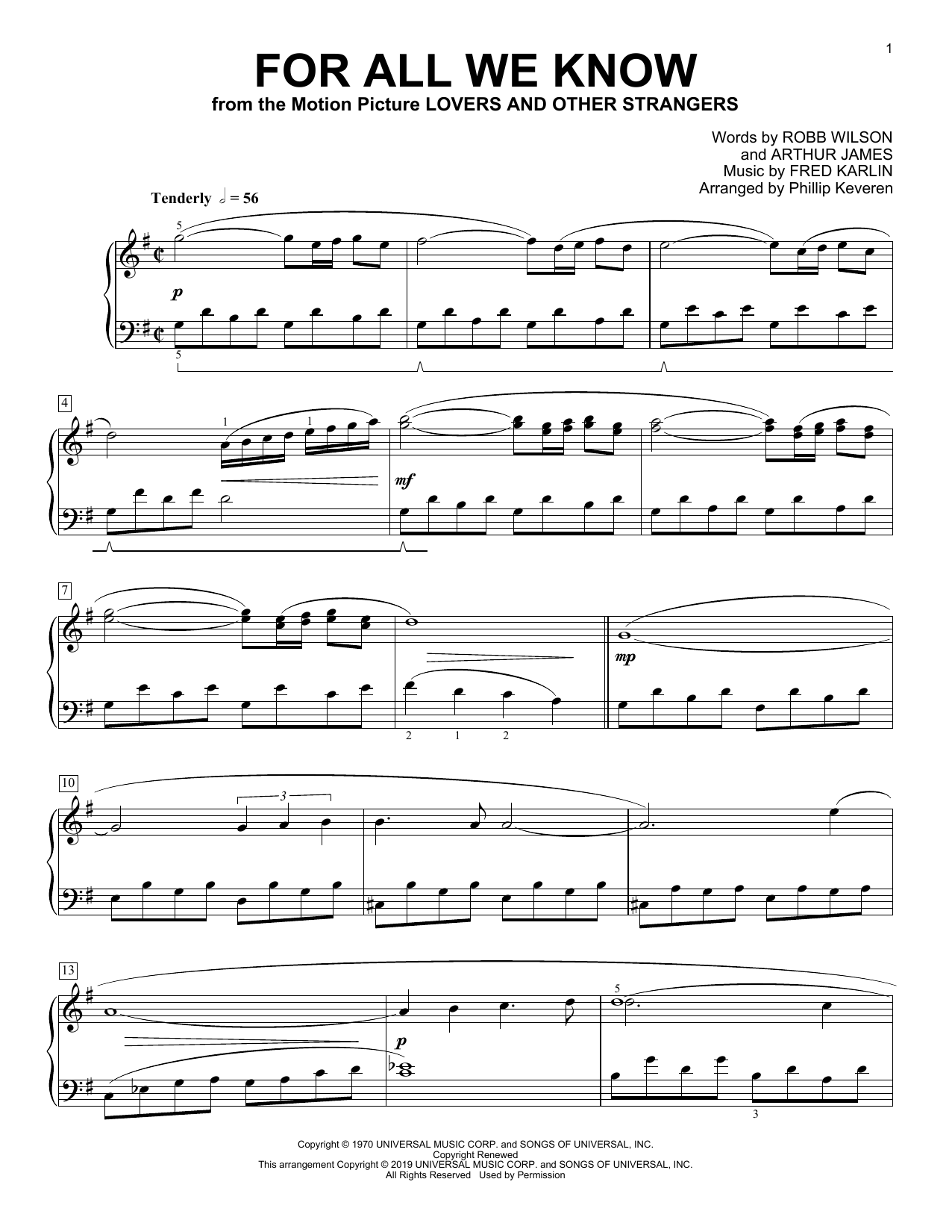 Carpenters For All We Know (arr. Phillip Keveren) sheet music notes and chords arranged for Piano Solo