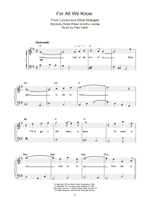 Carpenters For All We Know sheet music notes and chords arranged for Easy Piano