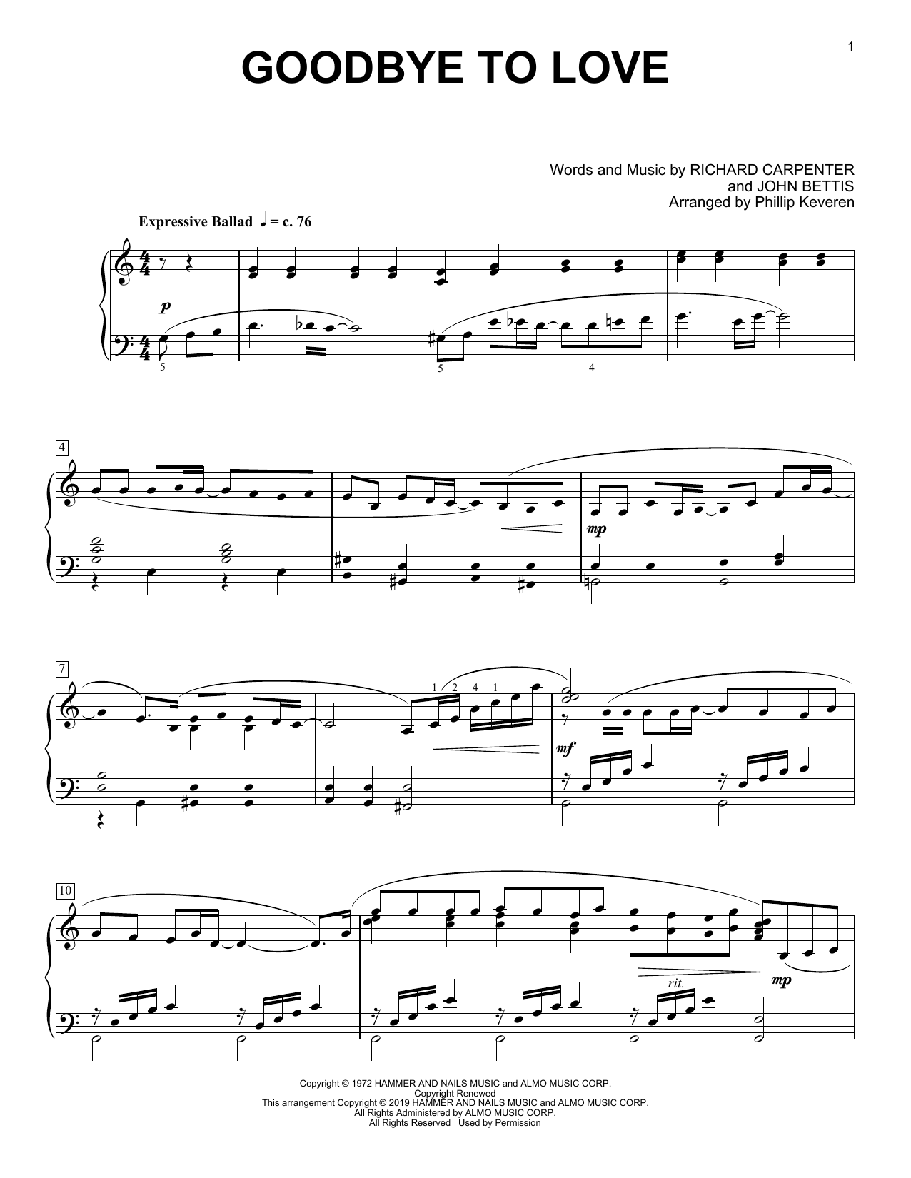 Carpenters Goodbye To Love (arr. Phillip Keveren) sheet music notes and chords arranged for Piano Solo