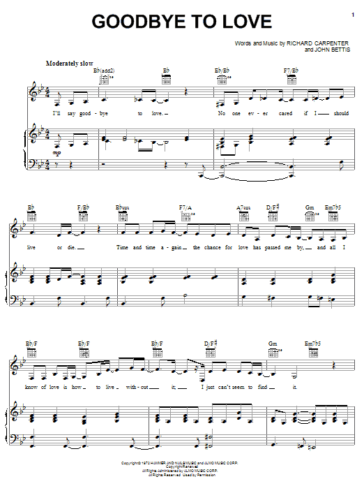 Carpenters Goodbye To Love sheet music notes and chords arranged for Alto Sax Solo