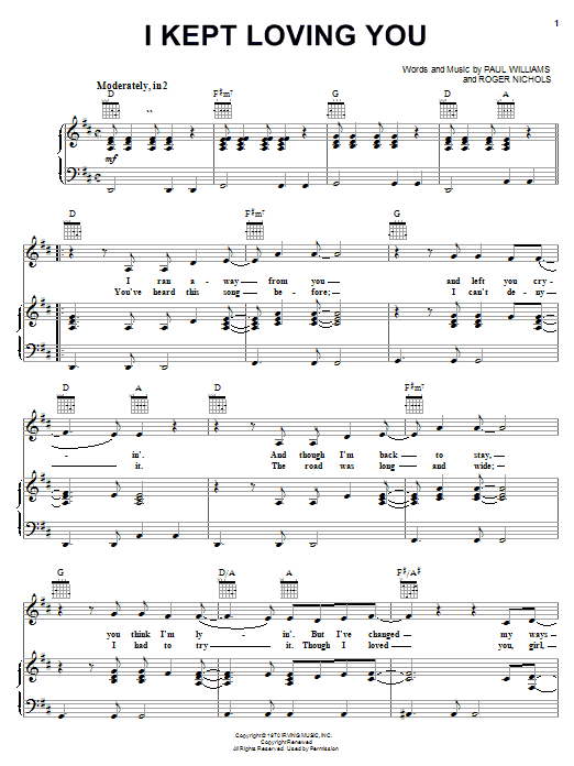Carpenters I Kept Loving You sheet music notes and chords arranged for Piano, Vocal & Guitar Chords (Right-Hand Melody)