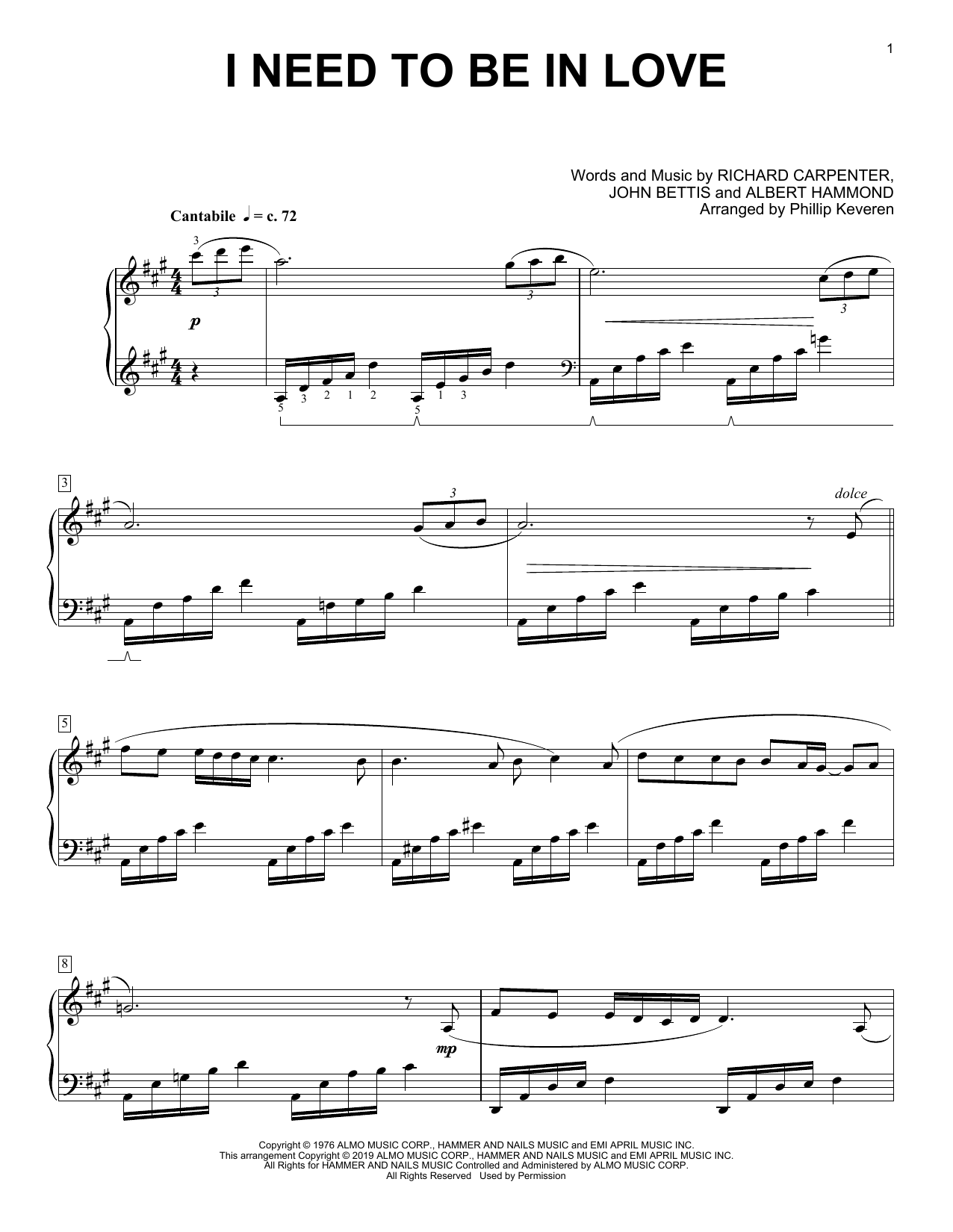 Carpenters I Need To Be In Love (arr. Phillip Keveren) sheet music notes and chords arranged for Piano Solo