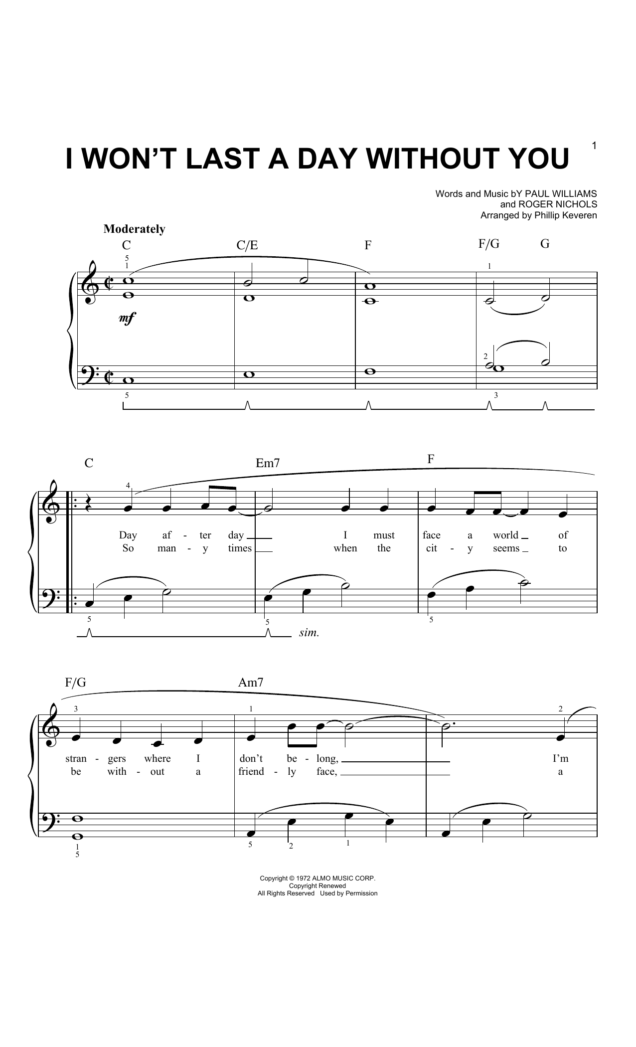 Carpenters I Won't Last A Day Without You (arr. Phillip Keveren) sheet music notes and chords arranged for Easy Piano