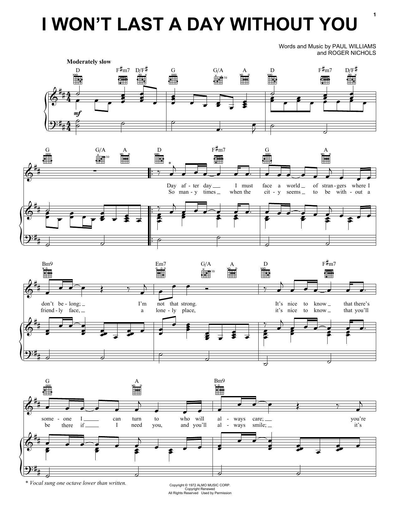 Carpenters I Won't Last A Day Without You sheet music notes and chords arranged for Ukulele