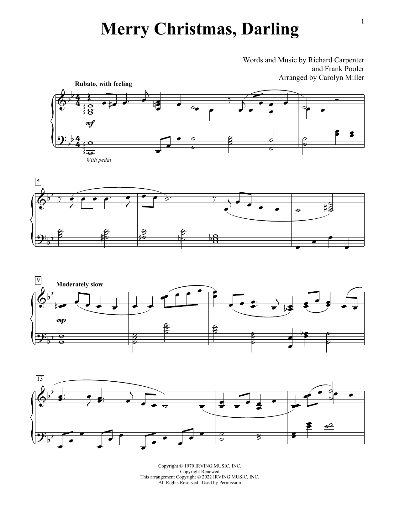 Carpenters Merry Christmas, Darling (arr. Carolyn Miller) sheet music notes and chords arranged for Educational Piano