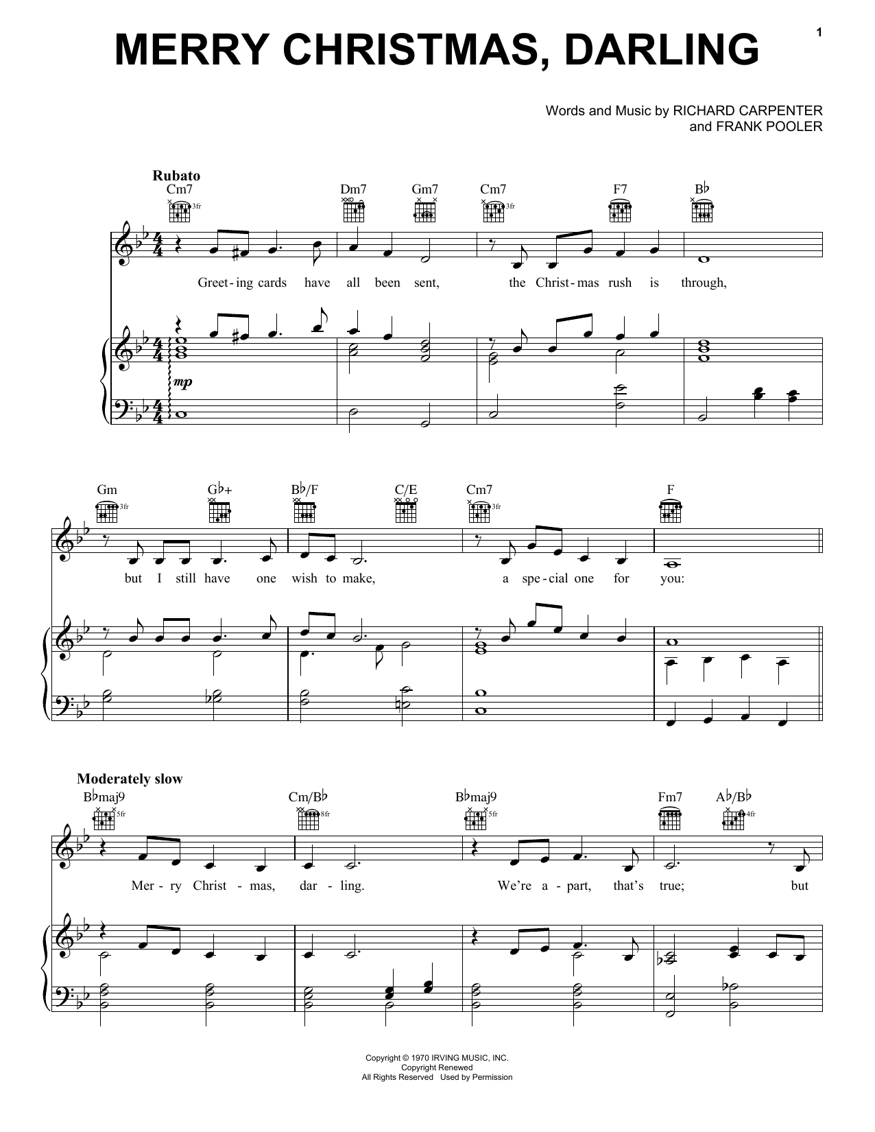 Carpenters Merry Christmas, Darling sheet music notes and chords arranged for 5-Finger Piano