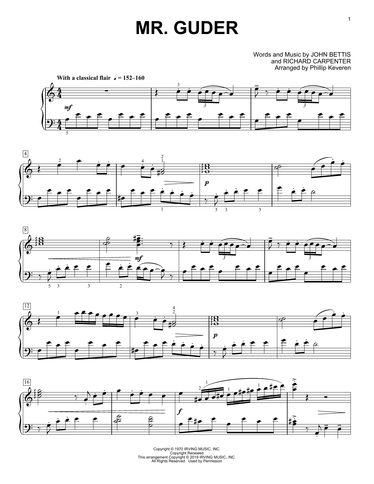 Carpenters Mr. Guder (arr. Phillip Keveren) sheet music notes and chords arranged for Piano Solo