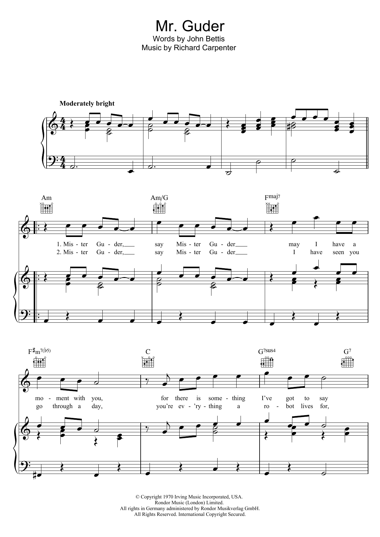 Carpenters Mr. Guder sheet music notes and chords arranged for Piano, Vocal & Guitar Chords
