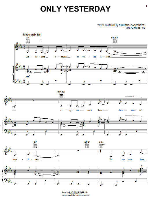Carpenters Only Yesterday sheet music notes and chords. Download Printable PDF.