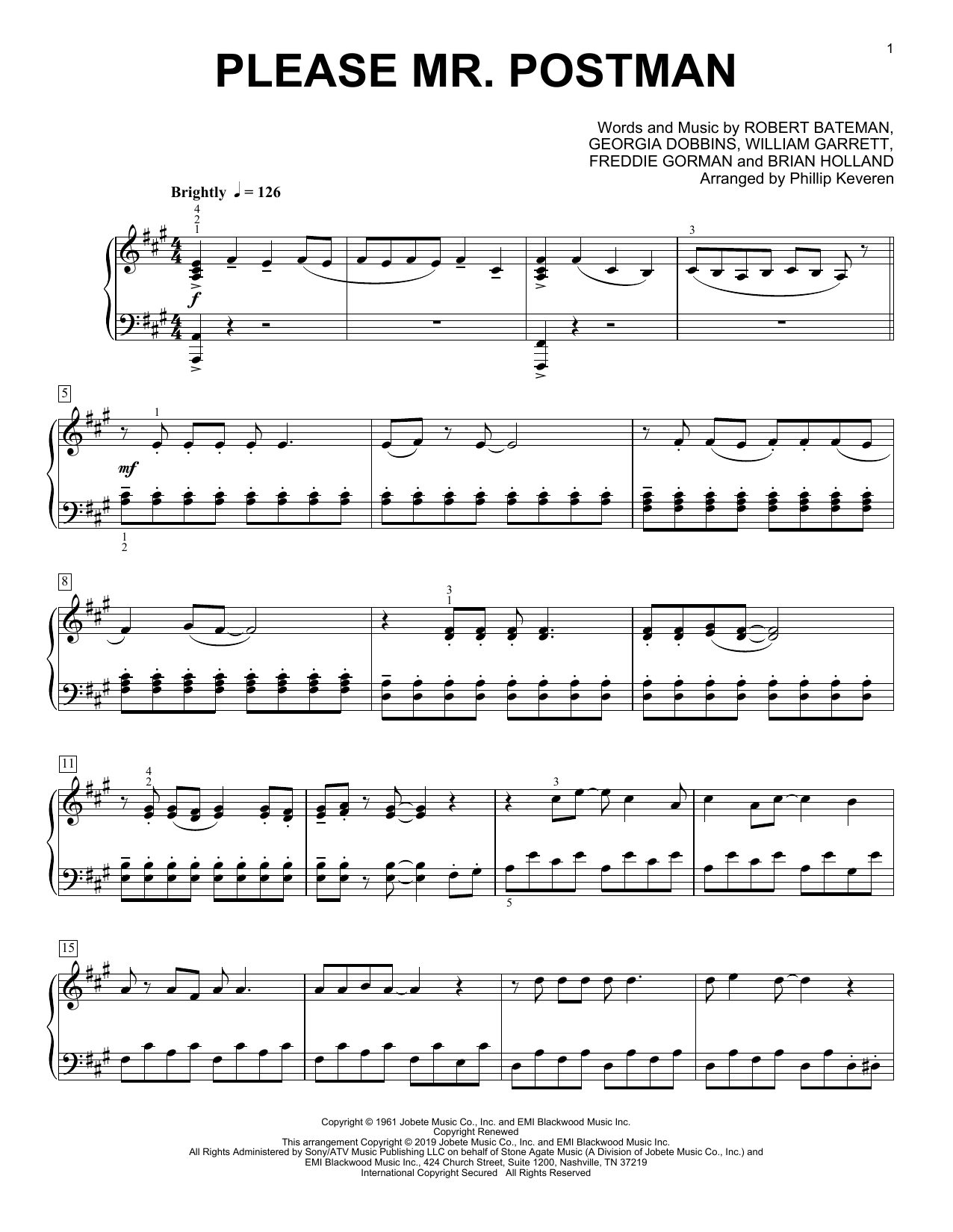 Carpenters Please Mr. Postman (arr. Phillip Keveren) sheet music notes and chords arranged for Piano Solo