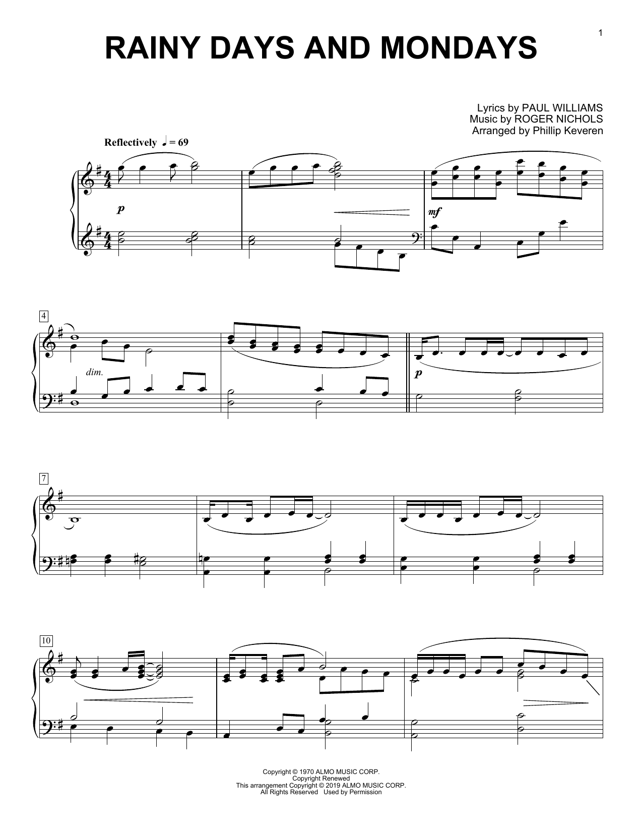 Carpenters Rainy Days And Mondays (arr. Phillip Keveren) sheet music notes and chords arranged for Piano Solo