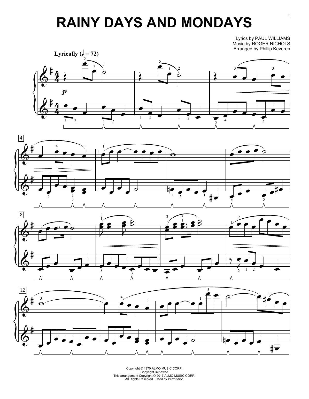 Carpenters Rainy Days And Mondays [Classical version] (arr. Phillip Keveren) sheet music notes and chords arranged for Easy Piano