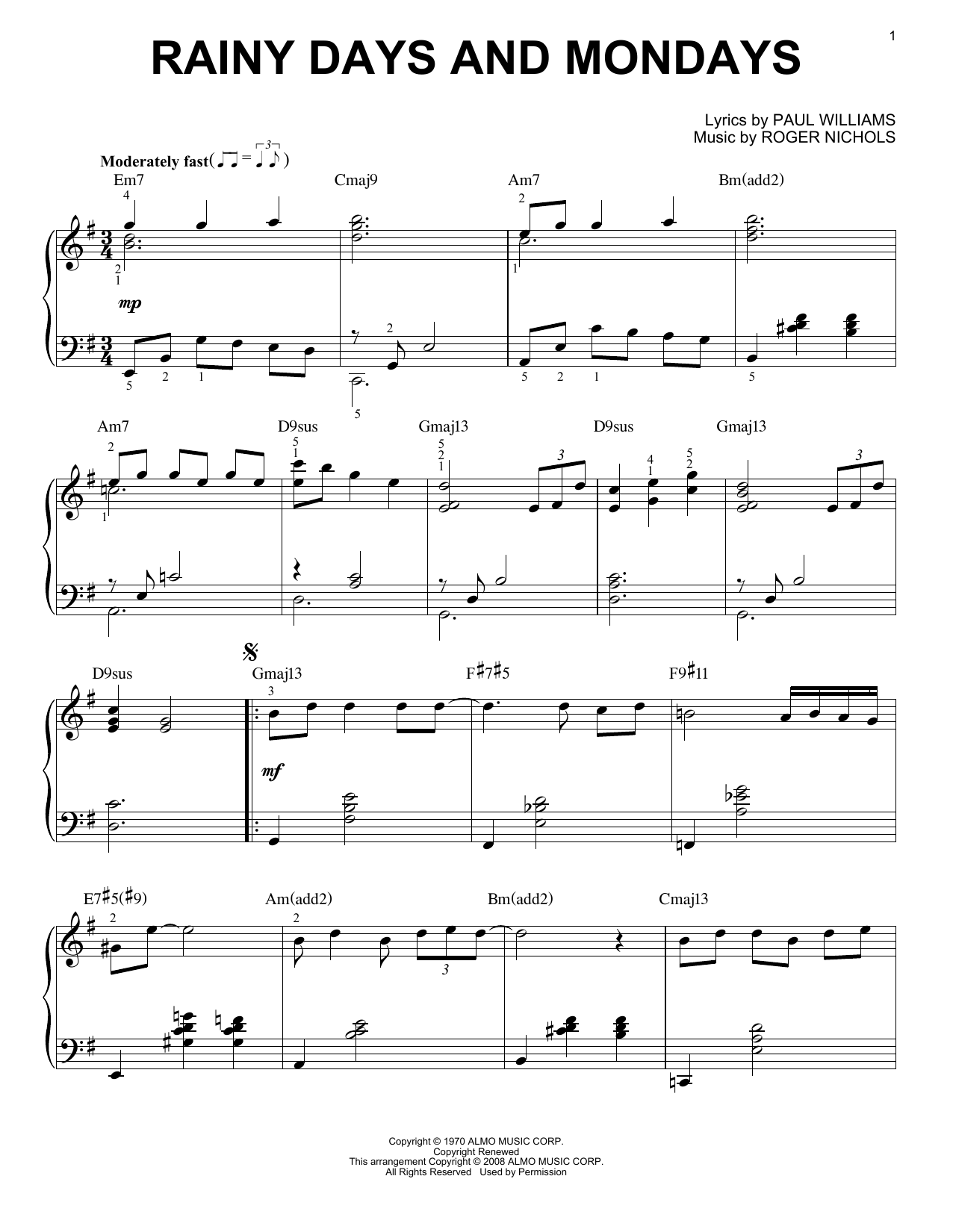 Carpenters Rainy Days And Mondays [Jazz version] (arr. Brent Edstrom) sheet music notes and chords arranged for Piano Solo