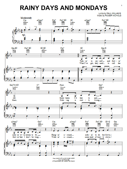 Carpenters Rainy Days and Mondays sheet music notes and chords arranged for Piano Chords/Lyrics