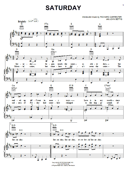 Carpenters Saturday sheet music notes and chords arranged for Piano, Vocal & Guitar Chords (Right-Hand Melody)