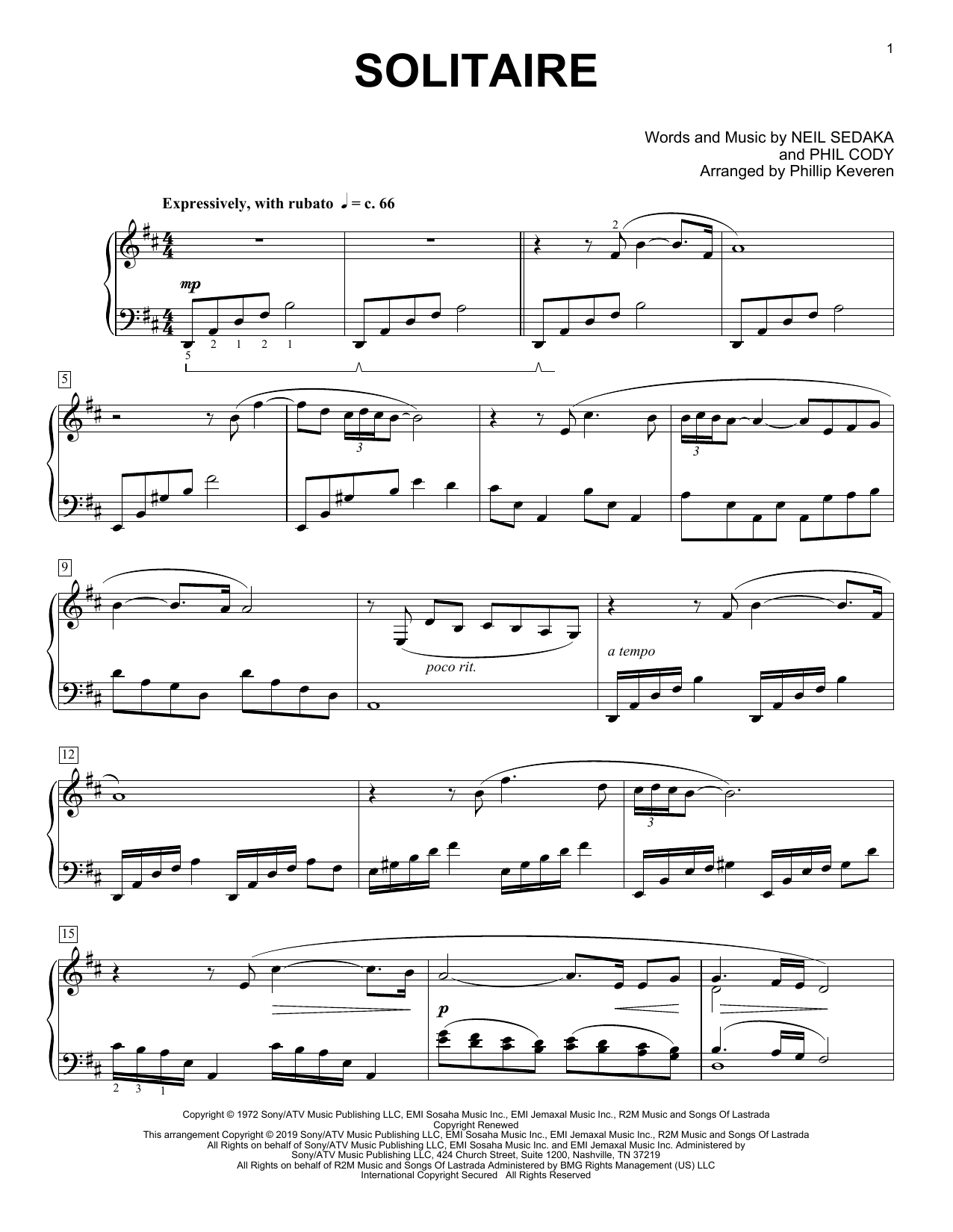 Carpenters Solitaire (arr. Phillip Keveren) sheet music notes and chords arranged for Piano Solo
