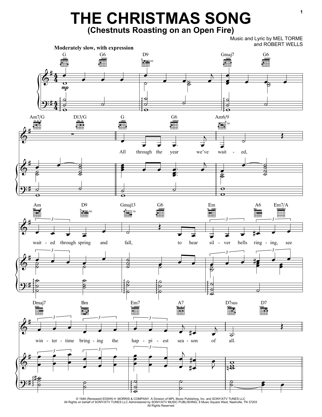 Carpenters The Christmas Song (Chestnuts Roasting On An Open Fire) sheet music notes and chords arranged for Piano, Vocal & Guitar Chords (Right-Hand Melody)