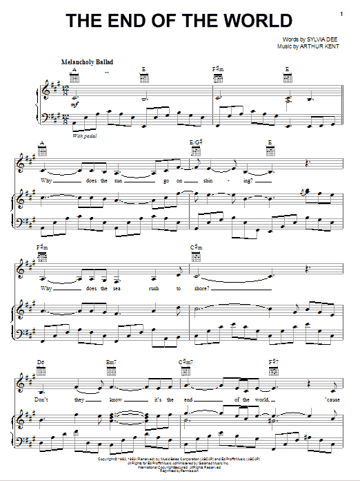 Carpenters The End Of The World sheet music notes and chords arranged for Piano, Vocal & Guitar Chords (Right-Hand Melody)