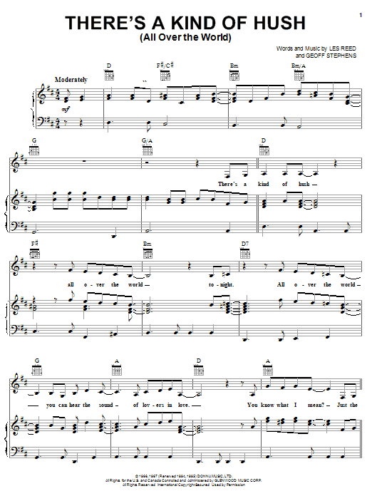 Carpenters There's A Kind Of Hush (All Over The World) sheet music notes and chords arranged for Piano Solo
