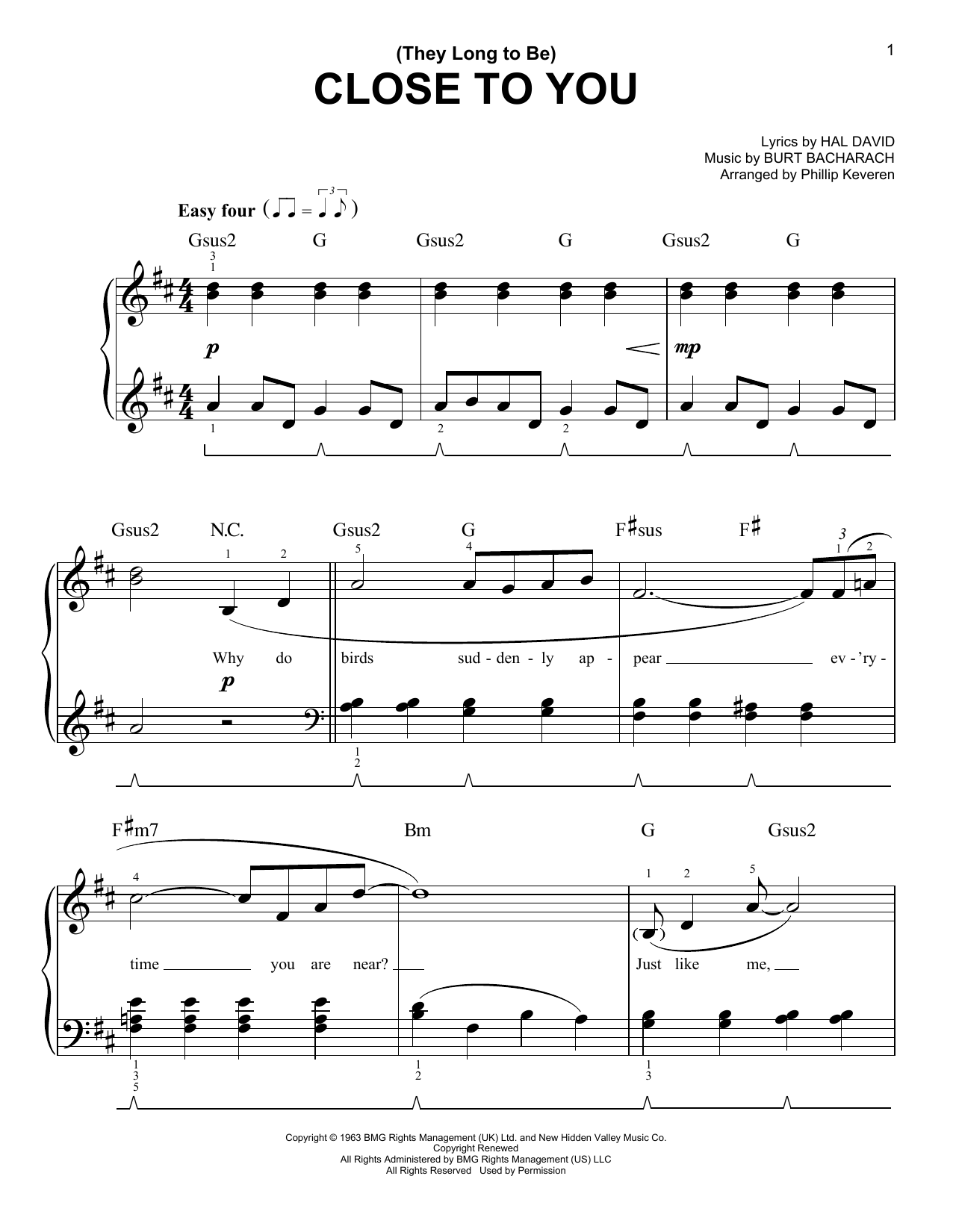 Carpenters (They Long To Be) Close To You (arr. Phillip Keveren) sheet music notes and chords arranged for Easy Piano
