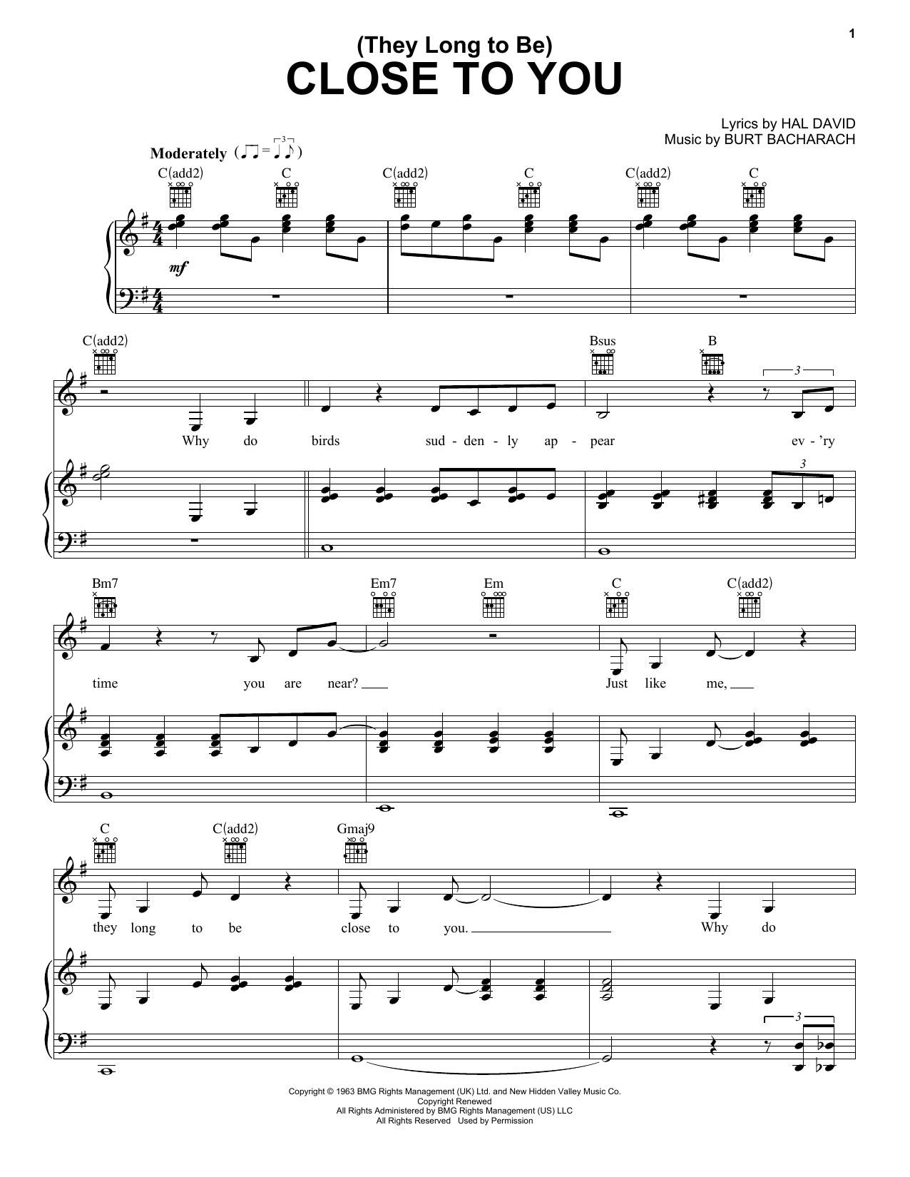Carpenters (They Long To Be) Close To You sheet music notes and chords arranged for Easy Piano