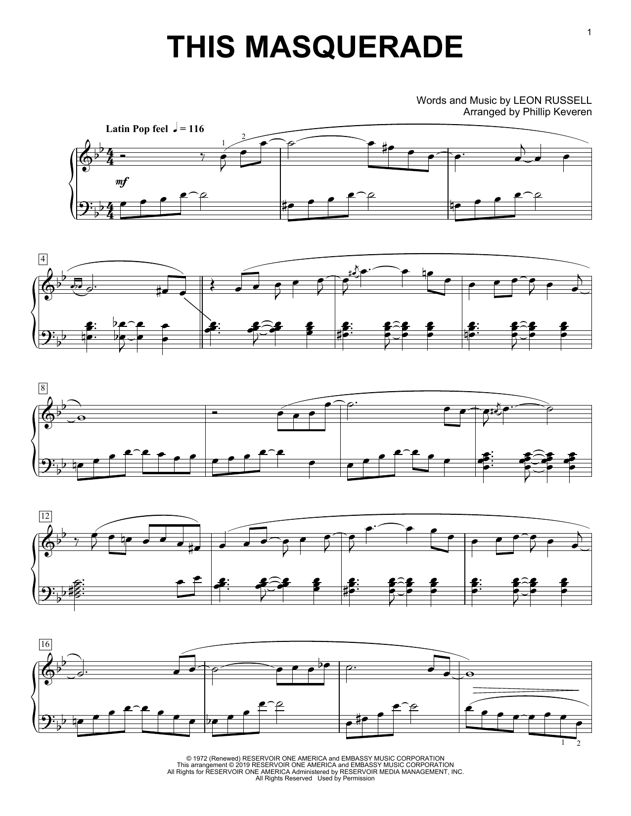 Carpenters This Masquerade (arr. Phillip Keveren) sheet music notes and chords arranged for Piano Solo