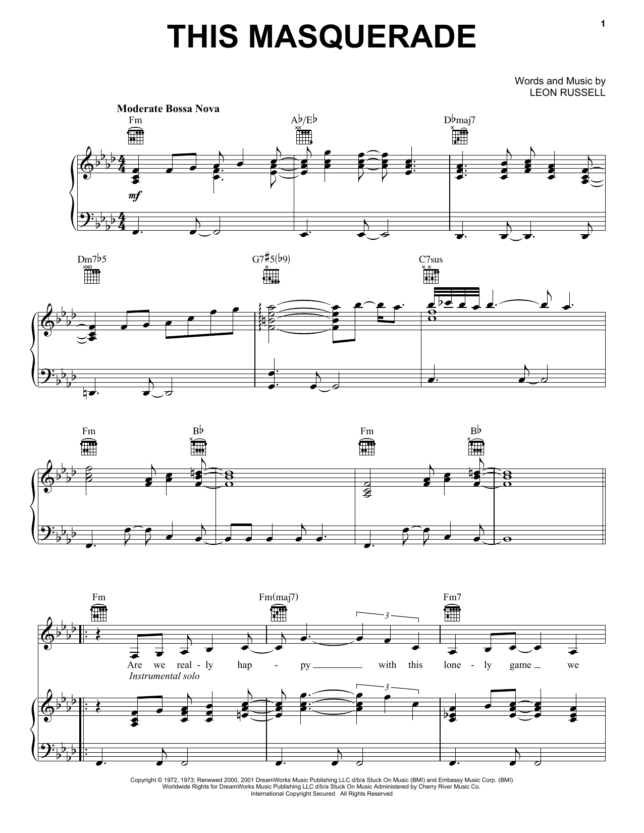 Carpenters This Masquerade sheet music notes and chords arranged for Ukulele