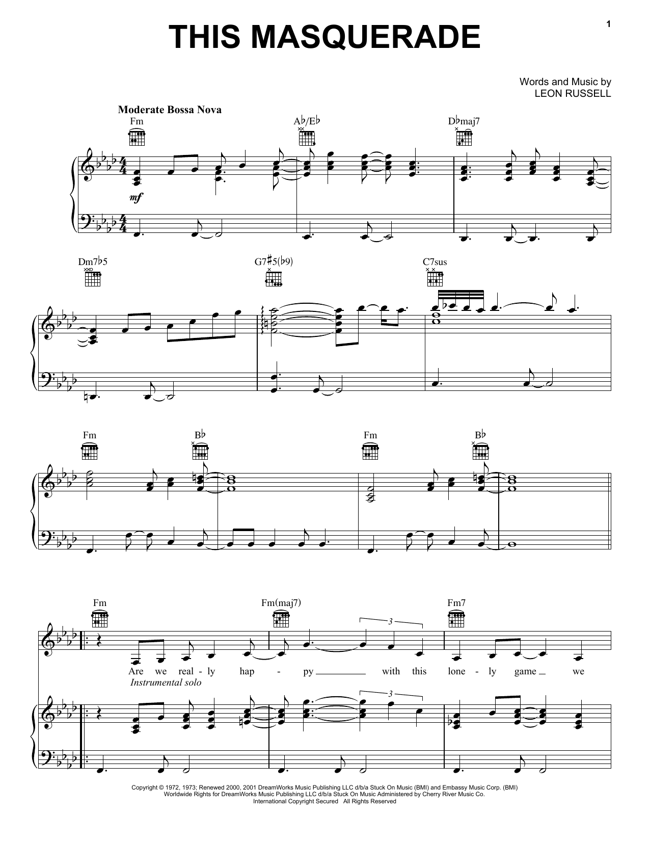 Carpenters This Masquerade sheet music notes and chords arranged for Piano, Vocal & Guitar Chords (Right-Hand Melody)
