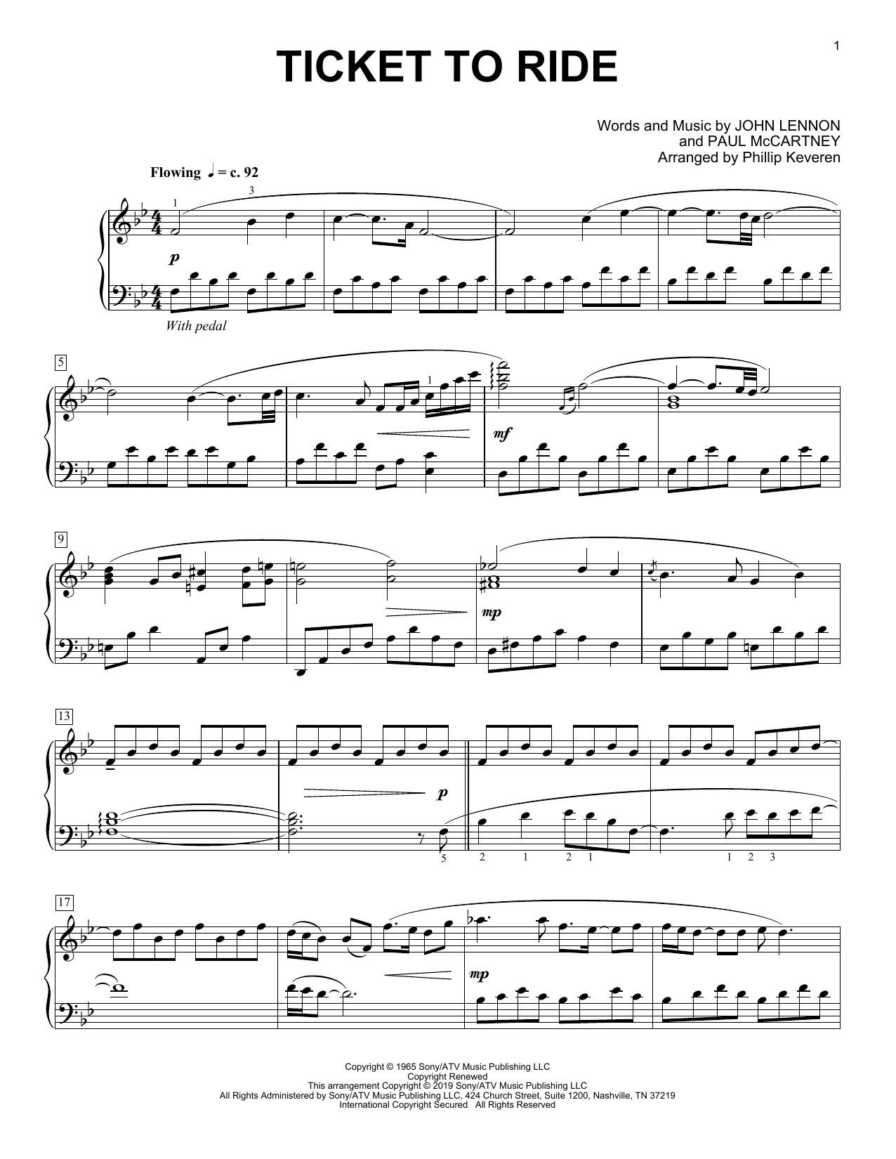Carpenters Ticket To Ride (arr. Phillip Keveren) sheet music notes and chords arranged for Piano Solo