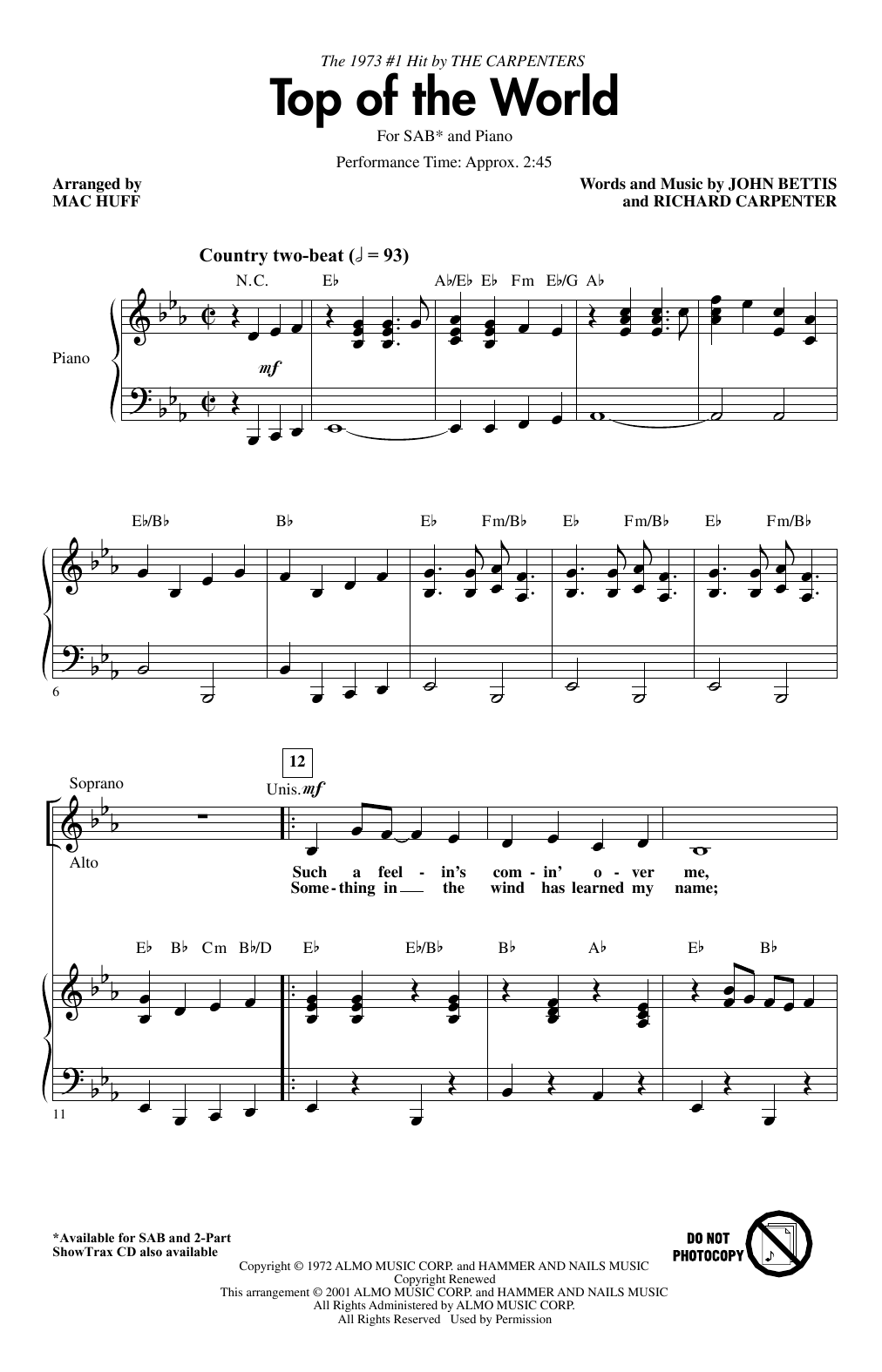 Carpenters Top Of The World (arr. Mac Huff) sheet music notes and chords arranged for 2-Part Choir