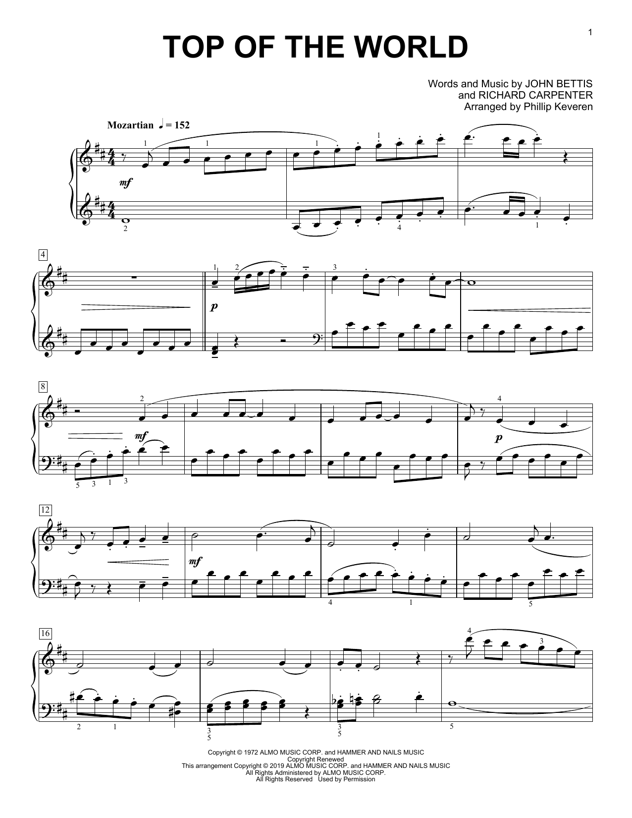 Carpenters Top Of The World (arr. Phillip Keveren) sheet music notes and chords arranged for Piano Solo