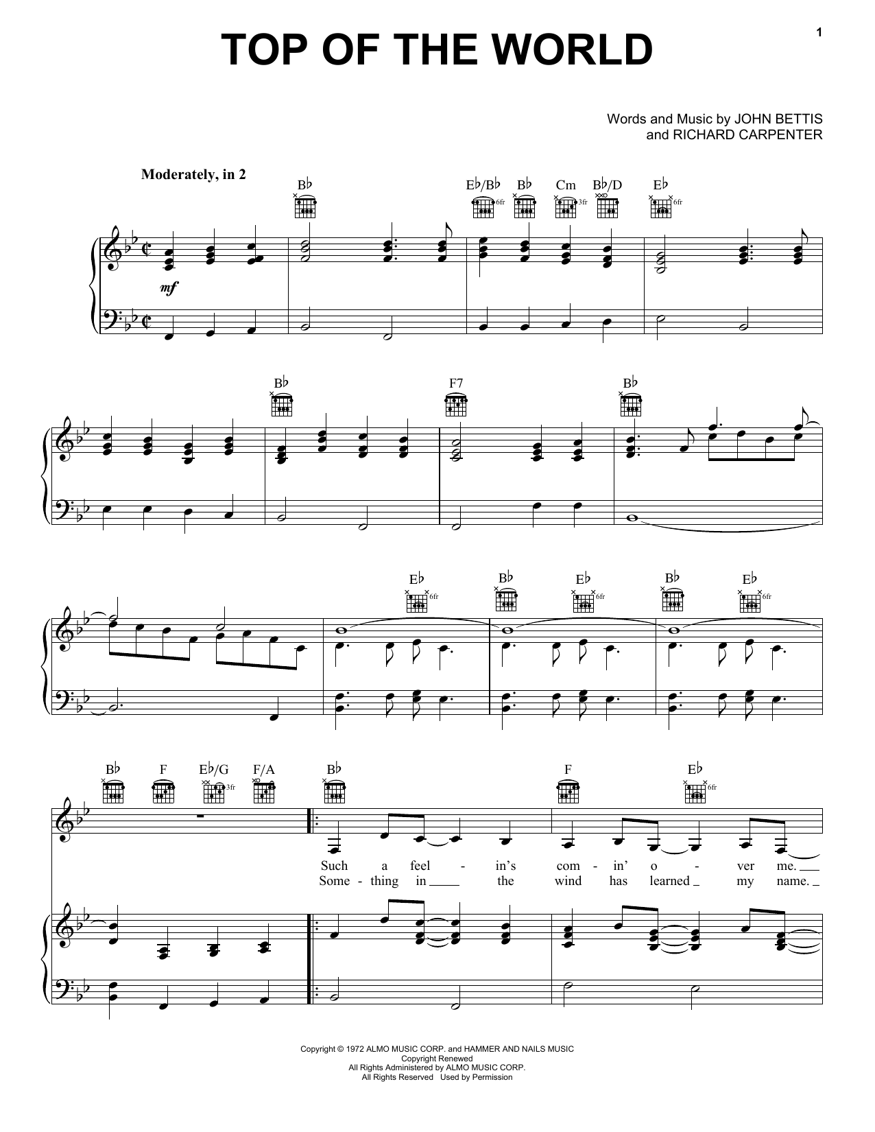 Carpenters Top Of The World sheet music notes and chords arranged for Ukulele