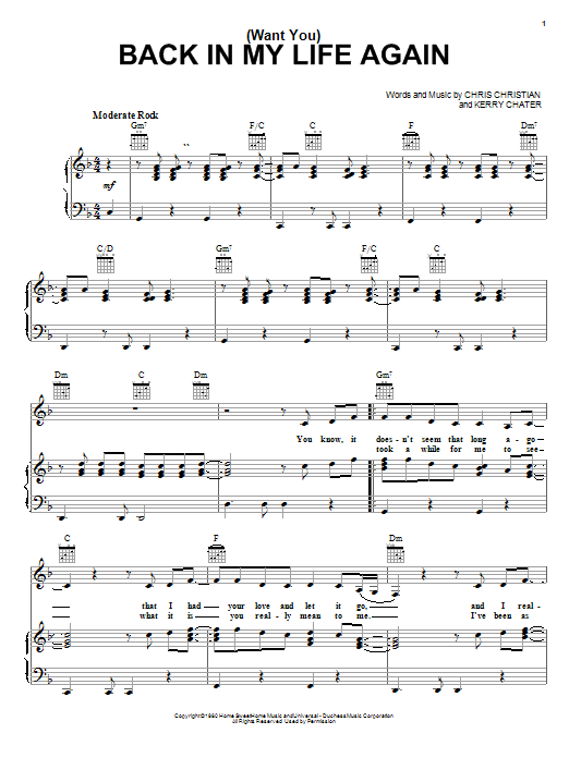 Carpenters (Want You) Back In My Life Again sheet music notes and chords arranged for Piano, Vocal & Guitar Chords (Right-Hand Melody)