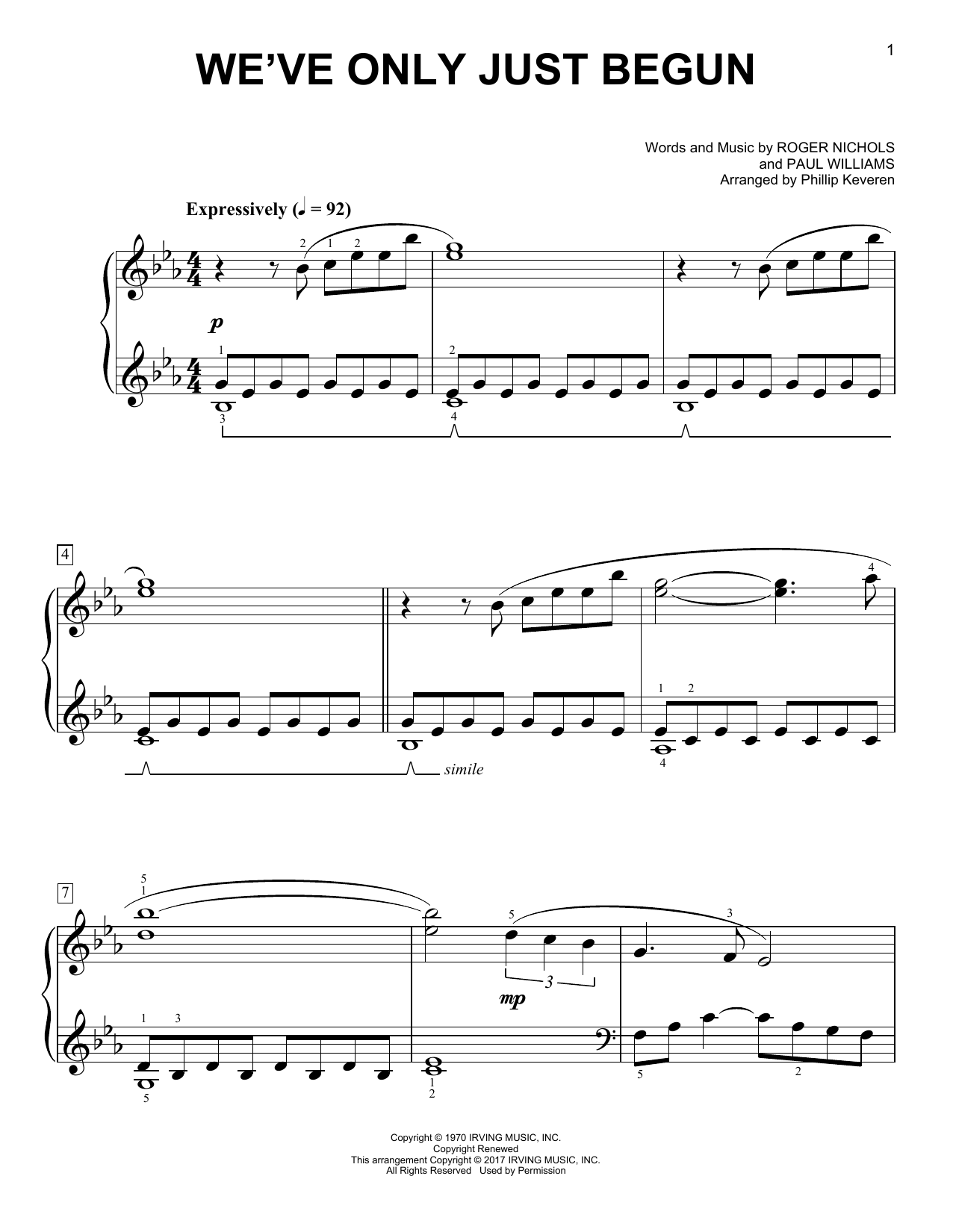 Carpenters We've Only Just Begun [Classical version] (arr. Phillip Keveren) sheet music notes and chords arranged for Easy Piano
