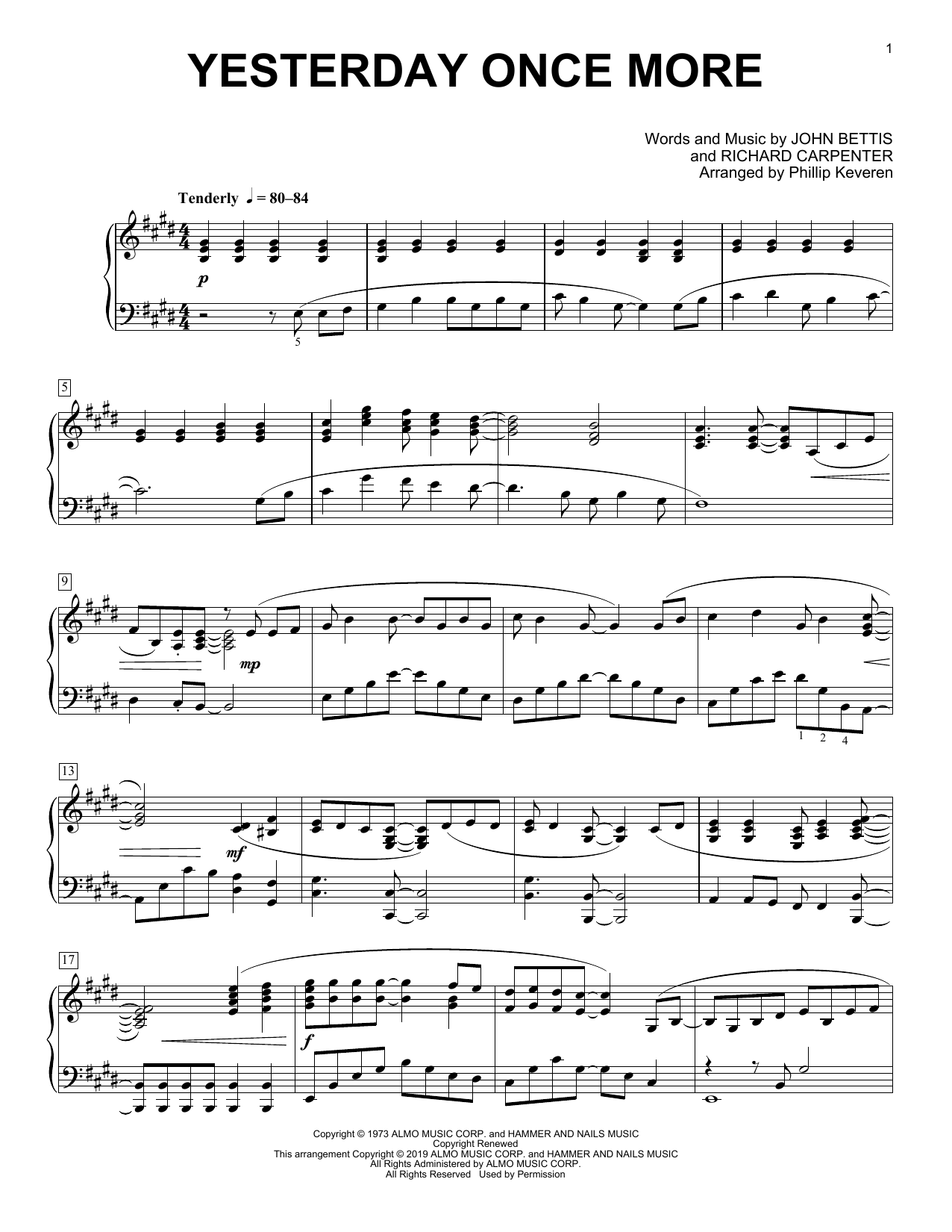 Carpenters Yesterday Once More (arr. Phillip Keveren) sheet music notes and chords arranged for Piano Solo