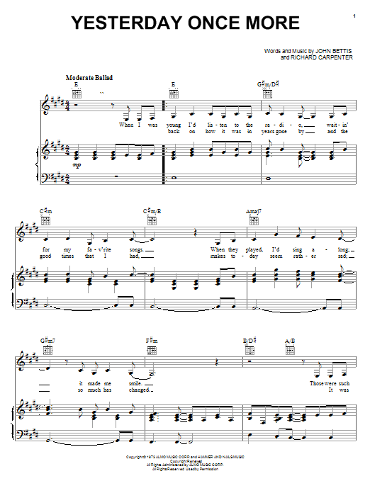 Carpenters Yesterday Once More sheet music notes and chords arranged for Violin Solo